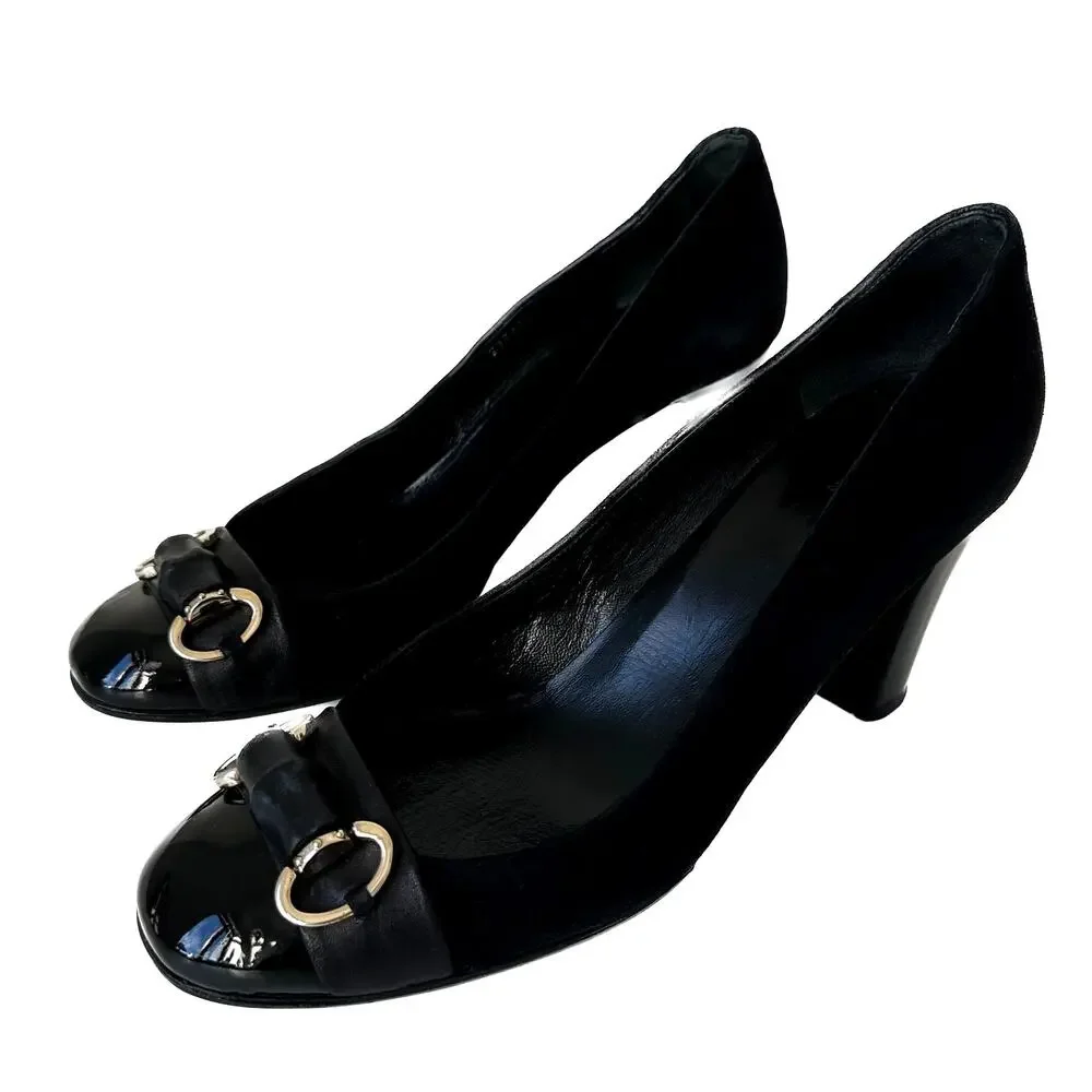 Gucci Classic Black Suede Pumps Bamboo Horsebit Cap Toe IT 39